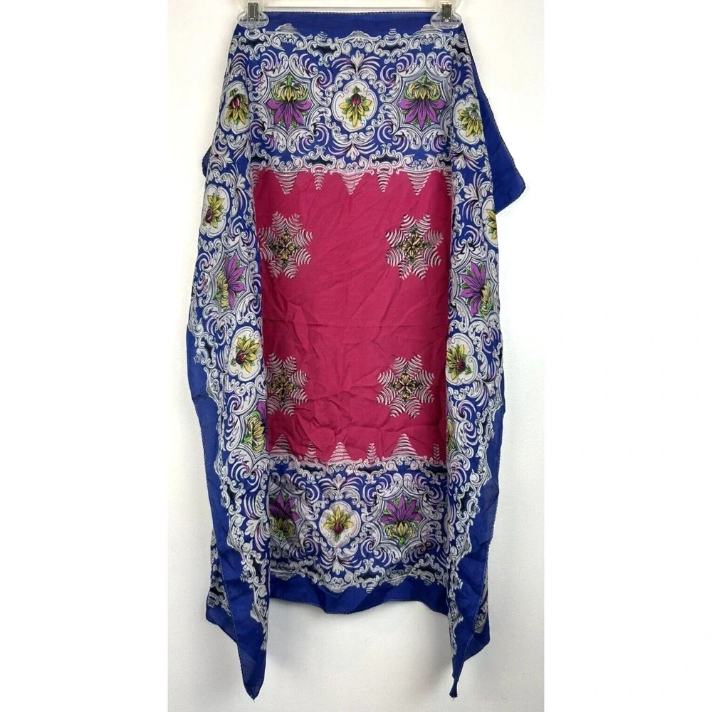 Vintage Silk Scarf Large Blue Floral Victorian Square Blue Pink Old Money 31x31